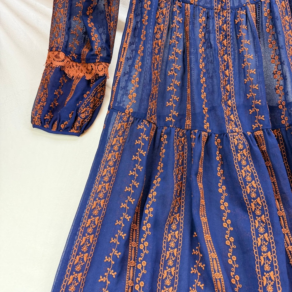 BCBGMAXAZRIA Navy Blue Orange Embroidered Lace Trim Maxi Dress Long Sleeve XXS - Picture 4 of 16